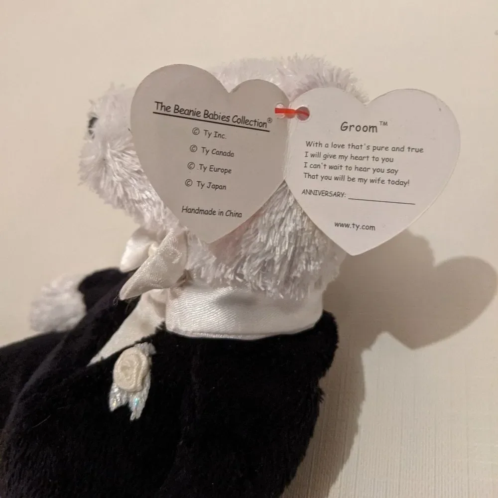 TY Beanie Baby Groom Wedding Bear Plush Vintage NEW Tag attached Black & White